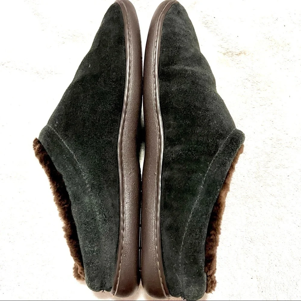 Lands' End Men's Suede Shearling Fur Clog Slippers - Black brown size 9.5